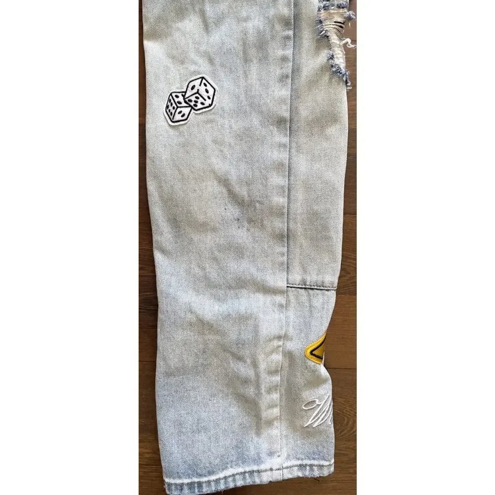 Mixed Emotion “Worker” Jeans Patchwork Graphic Light Wash Streetwear Denim 34/35